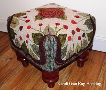 rug hooked footstool, pattern by Cindi Gay, Rosenweeds, hooked by Suz White