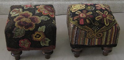 Closeup of two footstools hooked by Pat Mensing