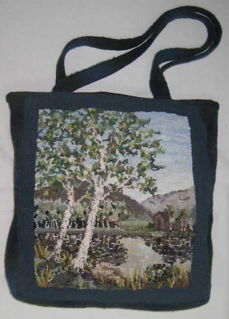 Birches rug hooked tote bag