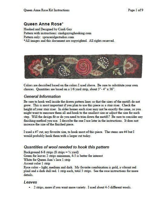Downloadable instructions for Queen Anne Rose rug hooking pattern