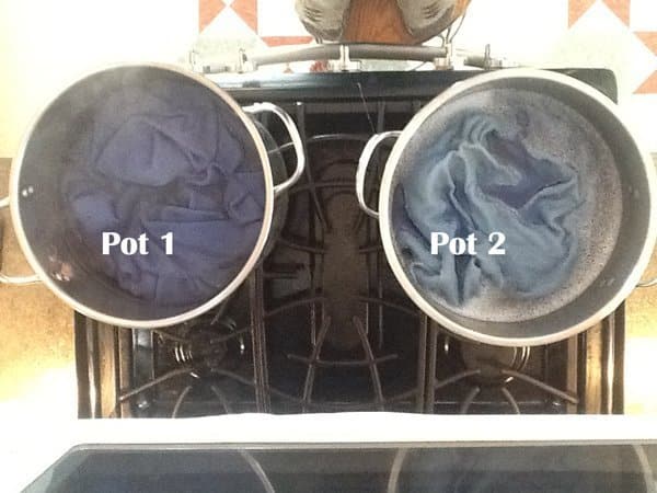 Wool dyeing in the pots on the stove for sky and water