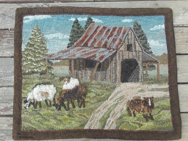 rustic barn hooked by Diane Firman