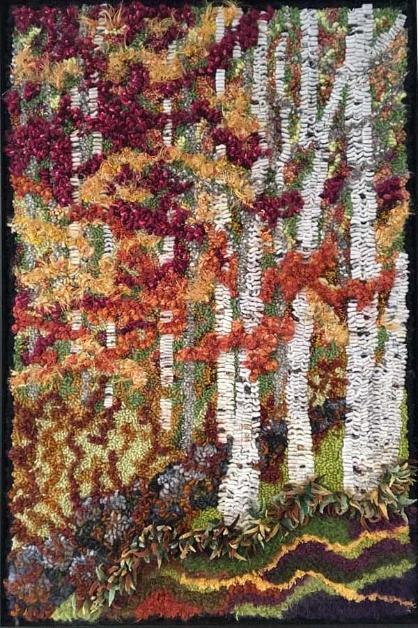 Birch trees hooked by Diane Climp using Cindi Gay's hand dyed birch bark wool
