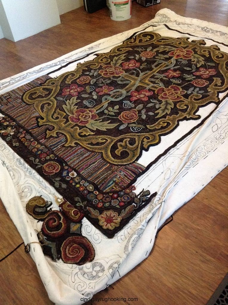 Room sized hooked rug, hooked and designed by Cindi Gay