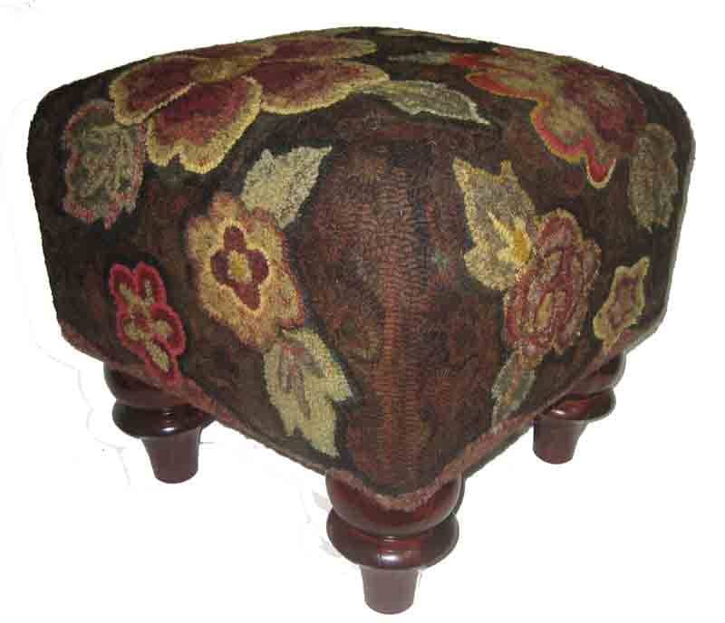 Square Pocketful footstool, hooked by Cindi Gay